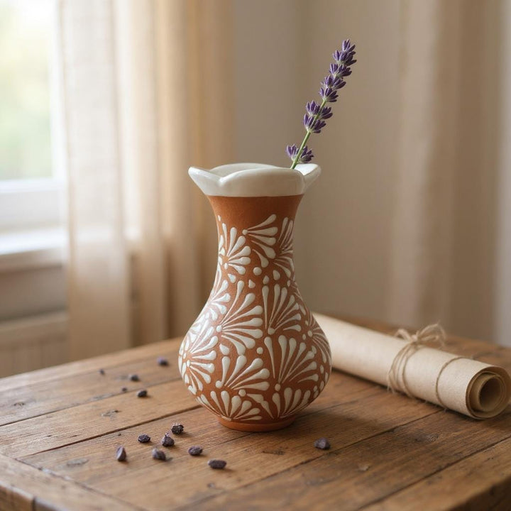 Hand Painted Mexican Brown Clay and White Rustic Clover Rim Vase (Cielito Lindo Inspired)