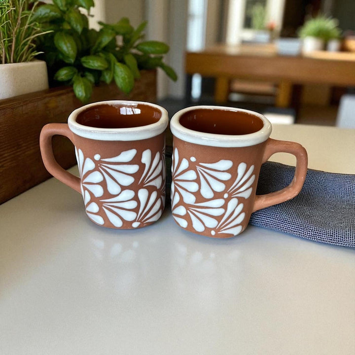 Hand Painted Clay Brown and White Mexican Rustic Squoval Mug (Cielito Lindo Inspired) – Set of 2