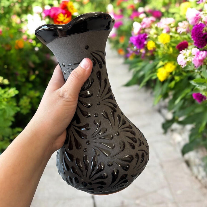 Hand Painted Mexican Black Clay and Black Rustic Clover Rim Vase (Cielito Lindo Inspired)