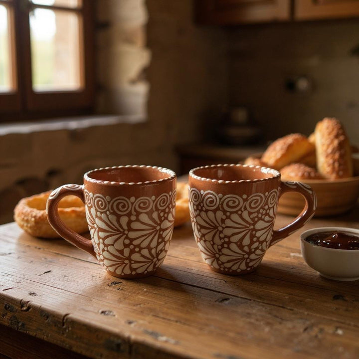 Hand Painted Talavera Rustic Brown and White Standard Coffee Mug (Cielito Lindo Inspired) – Set of 2
