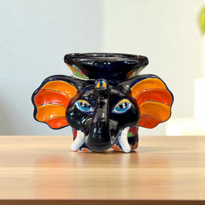 Cute Hand Painted Talavera Dark Blue Elephant Outdoor Planter Pot (Varying Design)