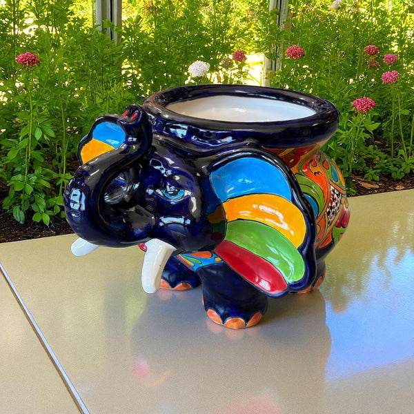 Cute Hand Painted Talavera Dark Blue Elephant Outdoor Planter Pot (Varying Design) – Free Shipping (Contiguous U.S. Only)