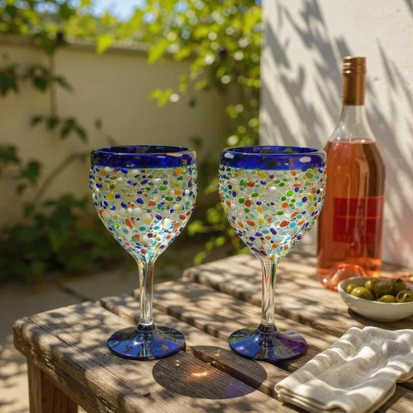 Hand Blown Mexican Colorful Pebble Blue Rim Wine Glass “Copa Vino de Piedritas” (Set of 2)