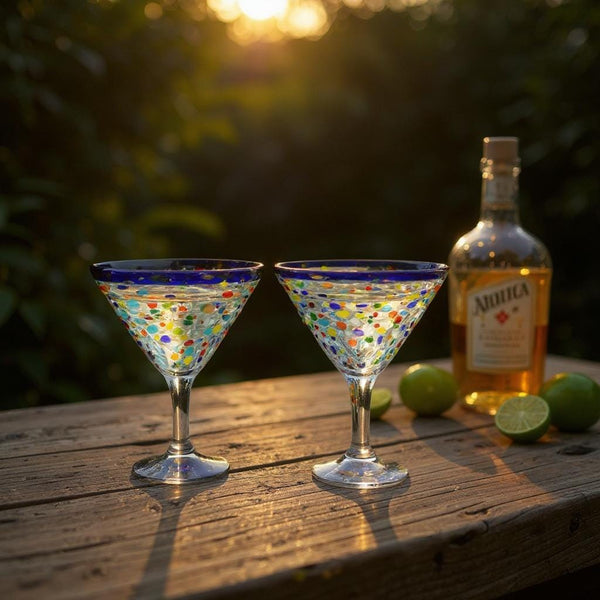 Hand Blown Mexican Colorful Pebble Blue Rim Martini Glass “Copa Martini de Piedritas” (Set of 2)