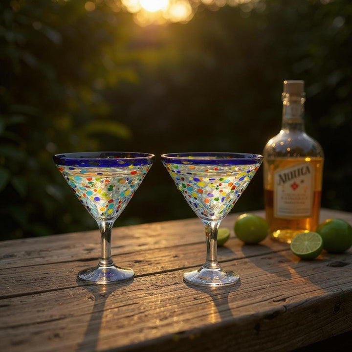 Hand Blown Mexican Colorful Pebble Blue Rim Martini Glass “Copa Martini de Piedritas” (Set of 2)