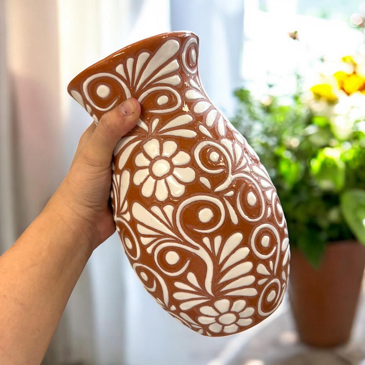 Hand Painted Talavera Brown and White Rustic Floral Vase