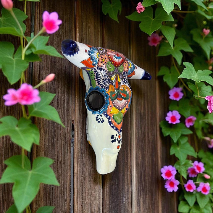 Hand Painted Talavera Rustic Bull Skull Garden Wall Decor – Assorted Designs