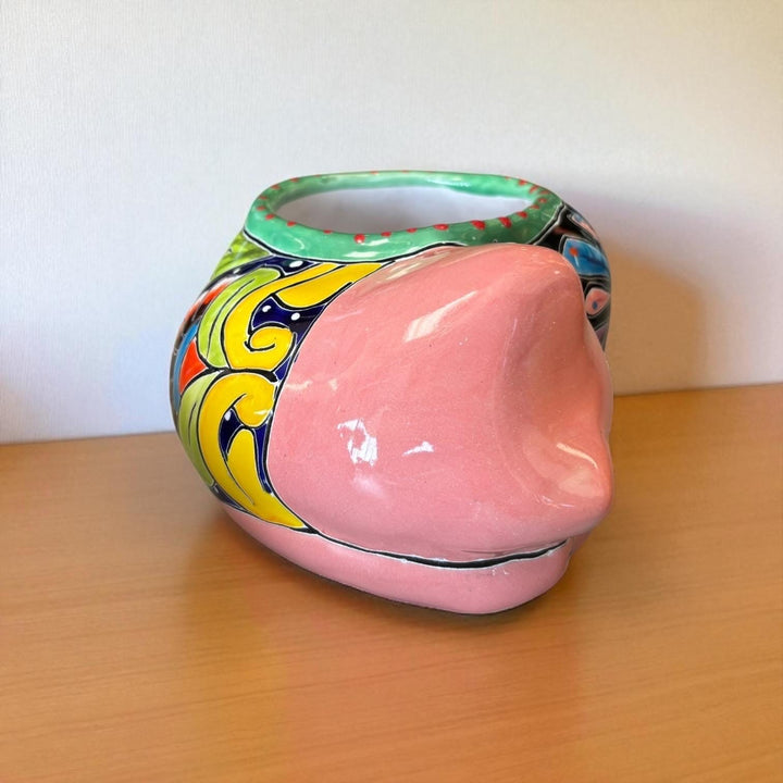 Cute Hand Painted Talavera Sleeping Kitty Cat Planter Pot – Assorted Colors (Varying Design)
