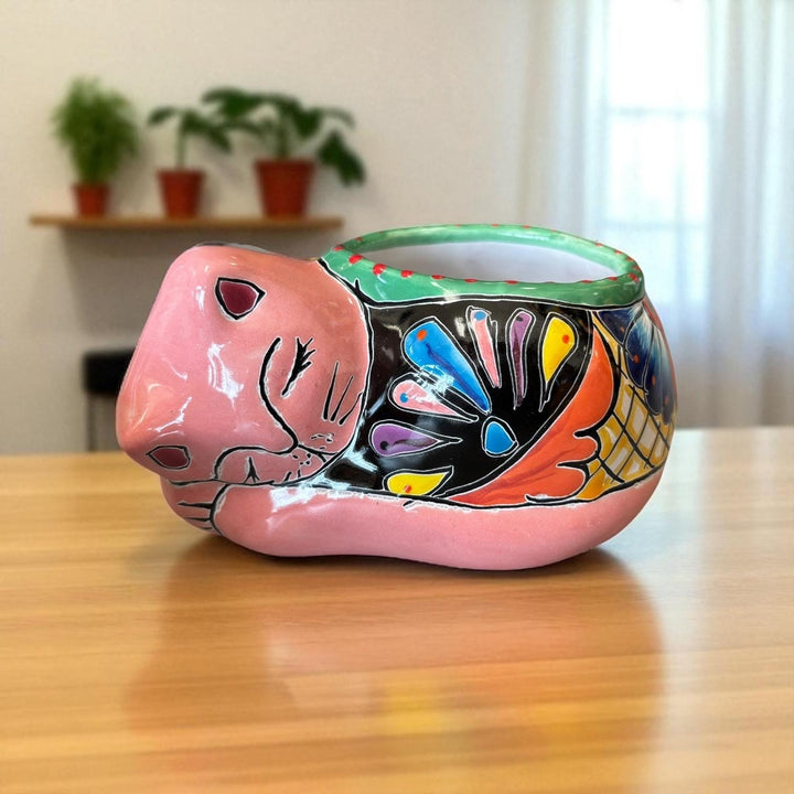Cute Hand Painted Talavera Sleeping Kitty Cat Planter Pot – Assorted Colors (Varying Design)