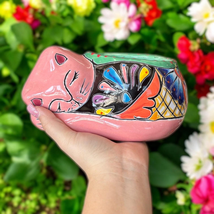 Cute Hand Painted Talavera Sleeping Kitty Cat Planter Pot – Assorted Colors (Varying Design)