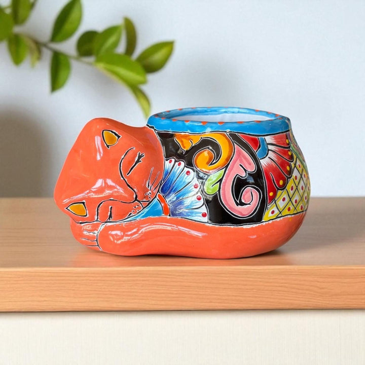 Cute Hand Painted Talavera Sleeping Cat Planter Pot – Assorted Colors (Varying Design)