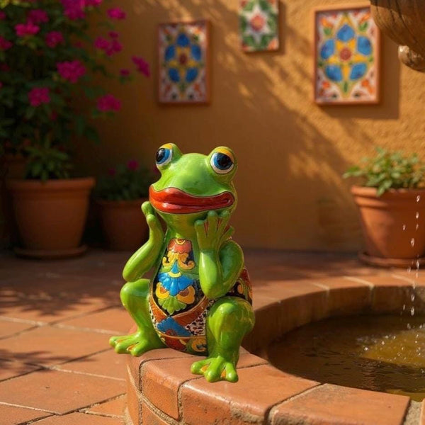 Hand Painted Talavera Vibrant Sitting Green Frog Outdoor Sculpture (Varying Design) – Free Shipping (Contiguous U.S. Only)