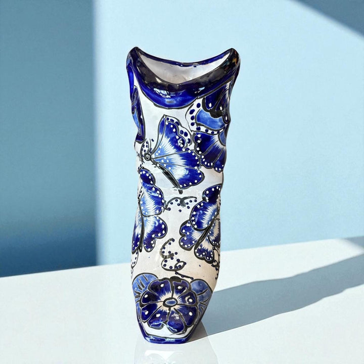 Handpainted Talavera Blue & White Butterfly Cowboy Boot Planter “Bota Vacera” (Varying Design)