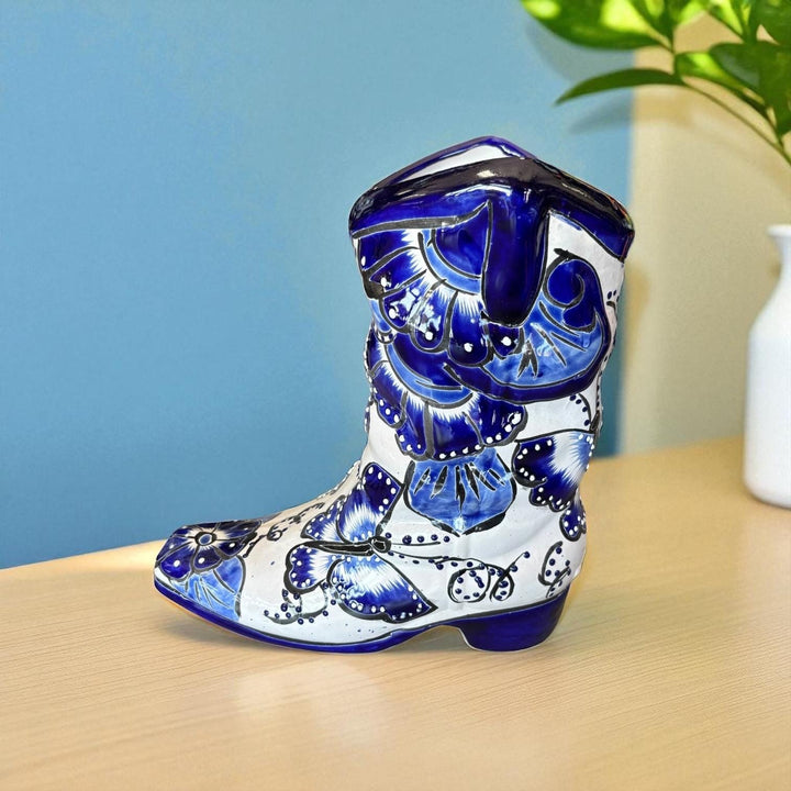 Handpainted Talavera Blue & White Butterfly Cowboy Boot Planter “Bota Vacera” (Varying Design)