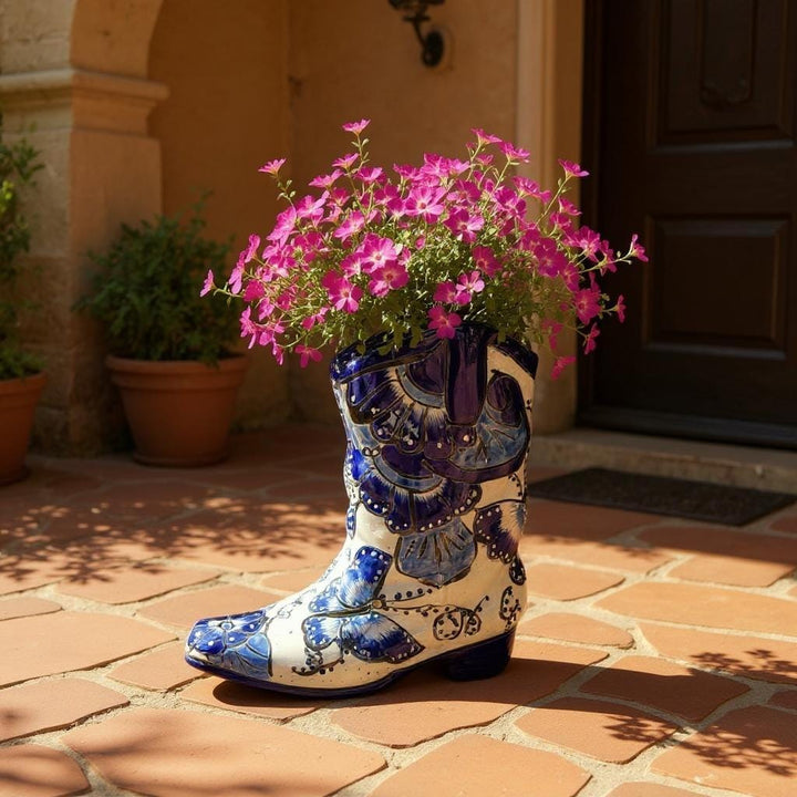 Handpainted Talavera Blue & White Butterfly Cowboy Boot Planter “Bota Vacera” (Varying Design)