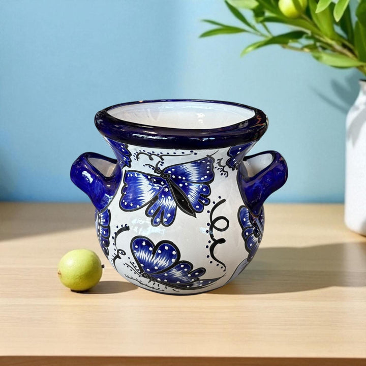 Beautiful Hand Painted Talavera Blue & White Butterfly Planter Pot with Handles (Varying Design)