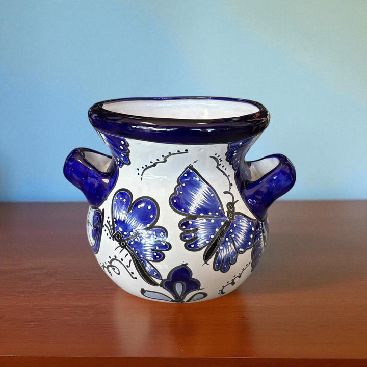 Beautiful Hand Painted Talavera Blue & White Butterfly Planter Pot with Handles (Varying Design)