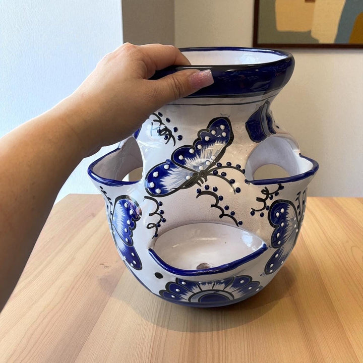 Beautiful Hand Painted Dark Blue and White Butterfly Strawberry Planter (Varying Design)