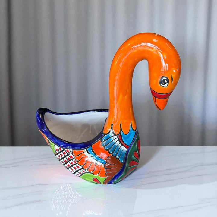 Hand Painted Mexican Talavera Orange Swan Planter Pot (Varying Design)