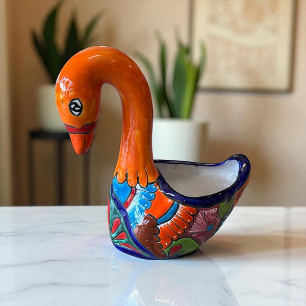 Hand Painted Mexican Talavera Orange Swan Planter Pot (Varying Design)