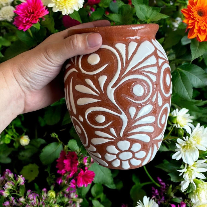 Hand Painted Talavera Brown and White Large Rustic Cantarito – Assorted Quantities