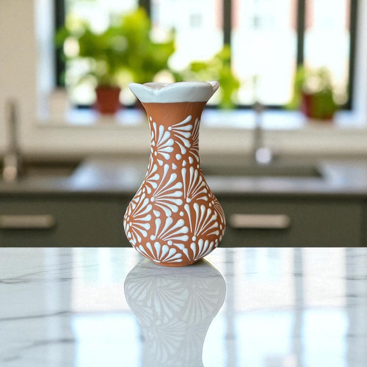 Hand Painted Mexican Brown Clay and White Rustic Clover Rim Vase (Cielito Lindo Inspired)