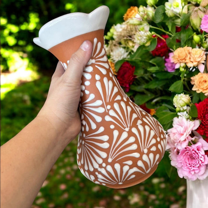 Hand Painted Mexican Brown Clay and White Rustic Clover Rim Vase (Cielito Lindo Inspired)