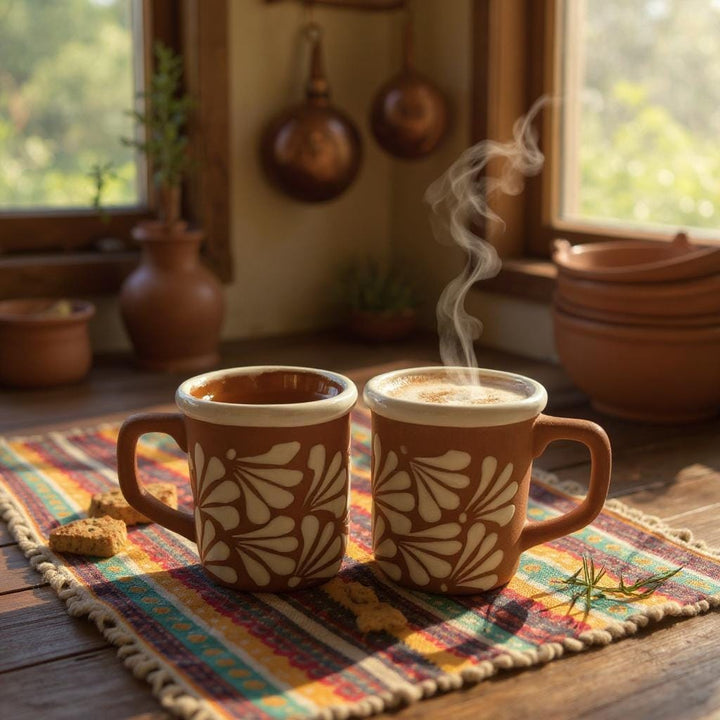 Hand Painted Clay Brown and White Mexican Rustic Squoval Mug (Cielito Lindo Inspired) – Set of 2