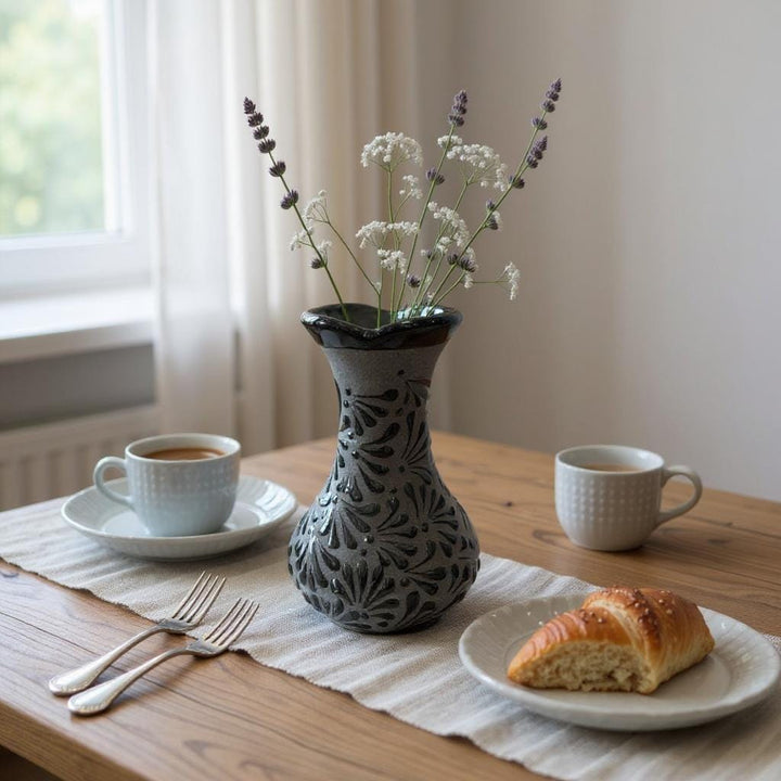 Hand Painted Mexican Black Clay and Black Rustic Clover Rim Vase (Cielito Lindo Inspired)