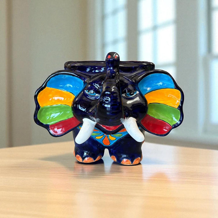 Cute Hand Painted Talavera Dark Blue Elephant Outdoor Planter Pot (Varying Design) – Free Shipping (Contiguous U.S. Only)