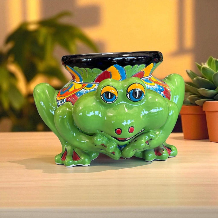 Hand Painted Talavera Vibrant Green Frog Outdoor Planter Pot (Varying Design) – Free Shipping (Contiguous U.S. Only)