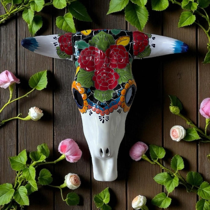 Hand Painted Talavera Rustic Bull Skull Garden Wall Decor – Assorted Designs