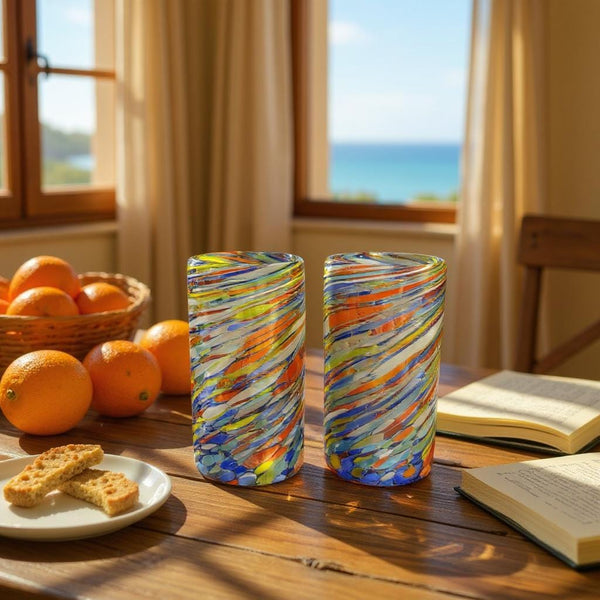 Hand Blown Mexican Colorful Swirl Large Tumbler Glass “Vaso Grande de Remolino Colorido” (Set of 2)