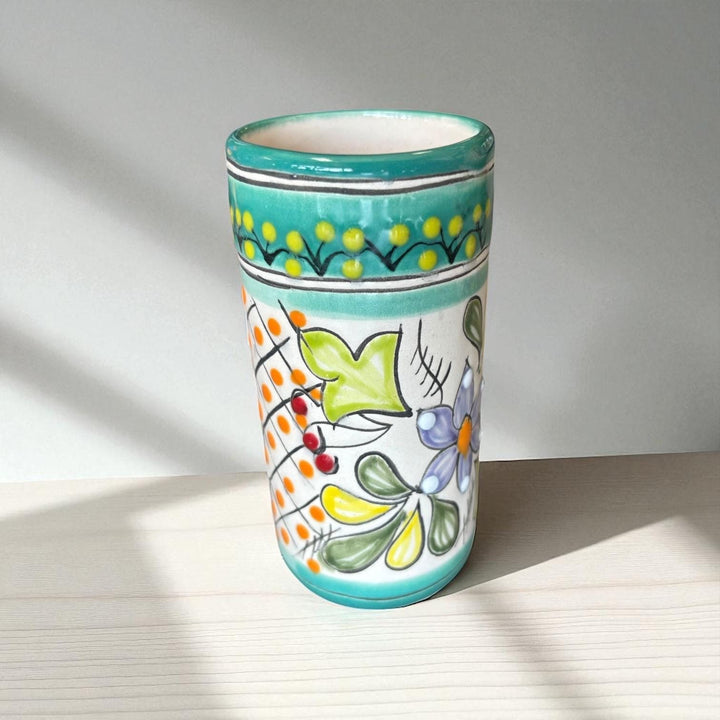 Beautiful Hand Painted Teal & Ivory Floral Talavera Pitcher and 6 Cups Set