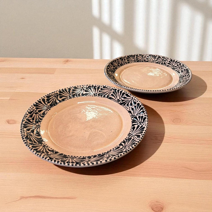 Beautiful Hand Painted Talavera Beige and Black Dinner Plates – Set of 2