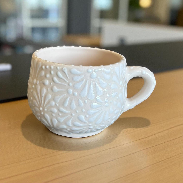 Beautiful Hand Painted Mexican Talavera Ivory and White Small Mug – Set of 2