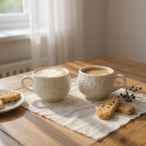 Beautiful Hand Painted Mexican Talavera Ivory and White Small Mug – Set of 2