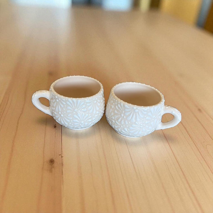 Beautiful Hand Painted Mexican Talavera Ivory and White Small Mug – Set of 2