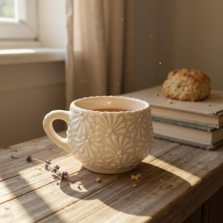 Beautiful Hand Painted Mexican Talavera Ivory and White Small Mug – Set of 2
