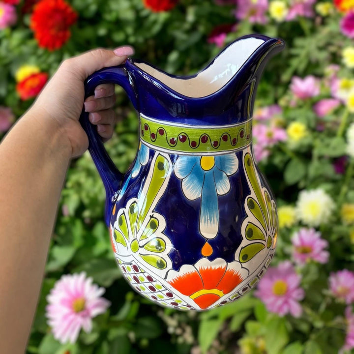 Beautiful Hand Painted Dark Blue & Multicolor Floral Talavera Pitcher and 6 Cups Set