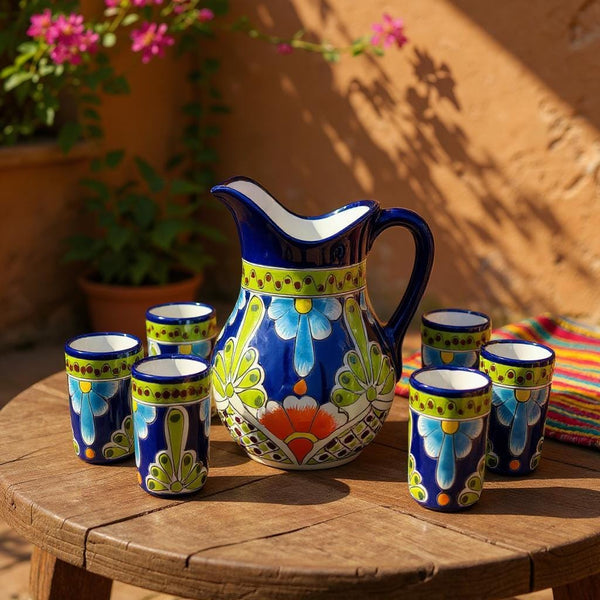 Beautiful Hand Painted Dark Blue & Multicolor Floral Talavera Pitcher and 6 Cups Set