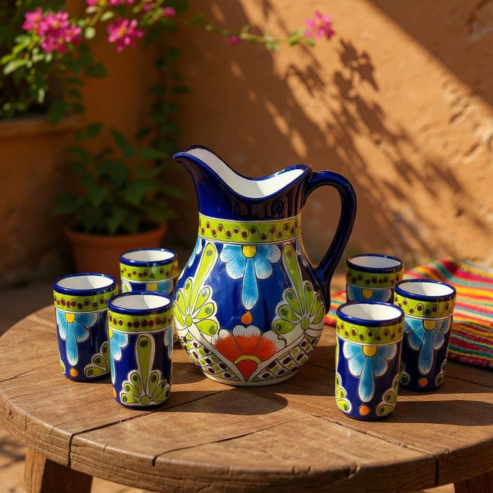 Beautiful Hand Painted Dark Blue & Multicolor Floral Talavera Pitcher and 6 Cups Set
