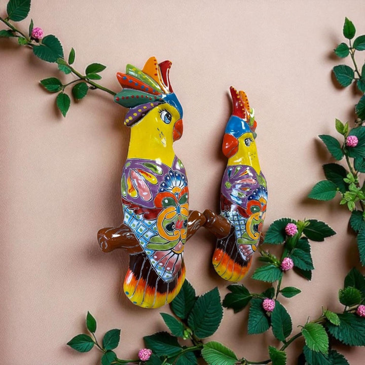 Hand Painted Talavera Love Birds Cockatoo Garden Wall Decor – Set of 2