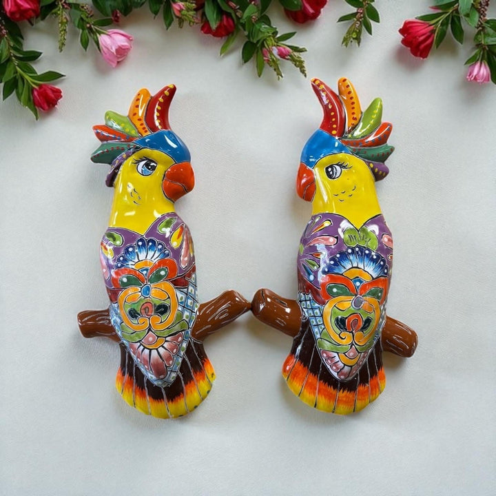 Hand Painted Talavera Love Birds Cockatoo Garden Wall Decor – Set of 2