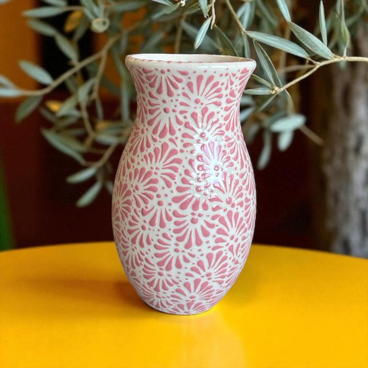Hand Painted Ivory and Pink Talavera Flower Vase (Cielito Lindo Inspired)