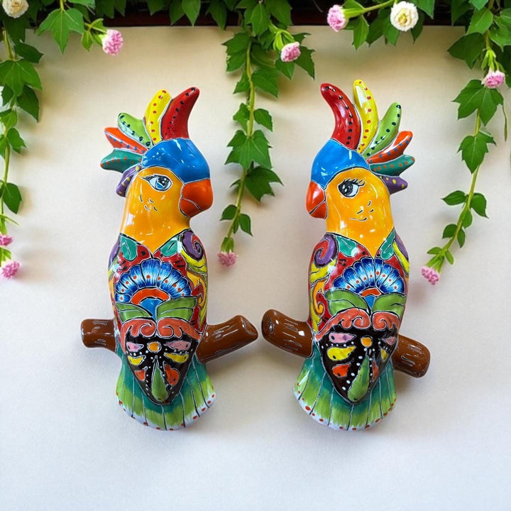 Hand Painted Talavera Love Birds Cockatoo Garden Wall Decor – Set of 2