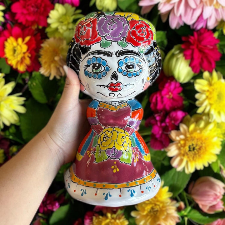Beautiful Hand Painted Day of the Dead Talavera Frida Kahlo Inspired, Skeleton Dancer Planter Pot (Varying Design)
