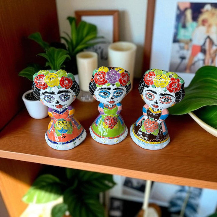 Beautiful Hand Painted Day of the Dead Talavera Frida Kahlo Inspired, Skeleton Dancer Planter Pot (Varying Design)