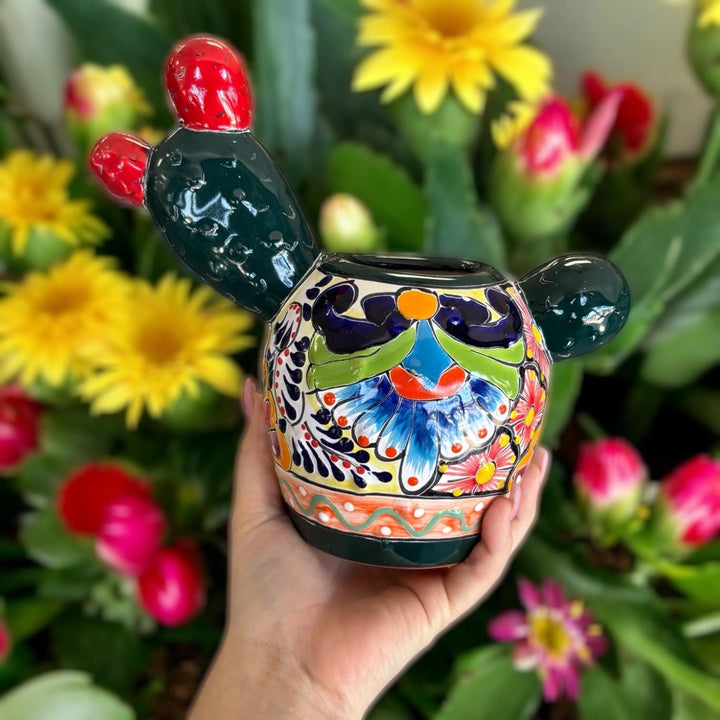 Cute Hand Painted Mexican Talavera Fruit Cactus Planter Pot – Assorted Colors (Varying Design)