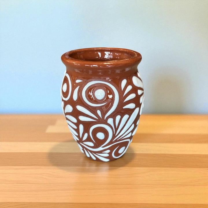 Hand Painted Talavera Rustic Brown and White Floral Cantarito Cup – Set of 2